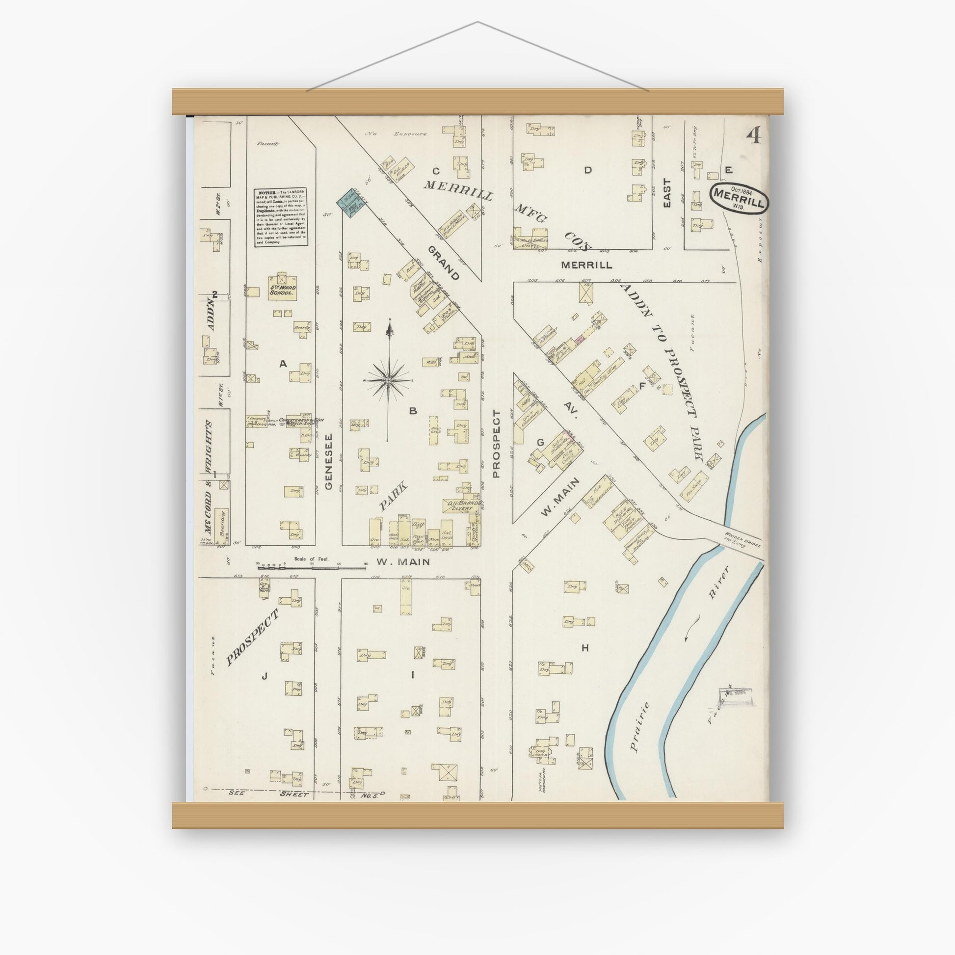 Old map wall art mockup — magnetic wood frame on white wall — Sanborn Fire Insurance Map from Merrill, Lincoln County, Wisconsin (1884), Sheet #0004