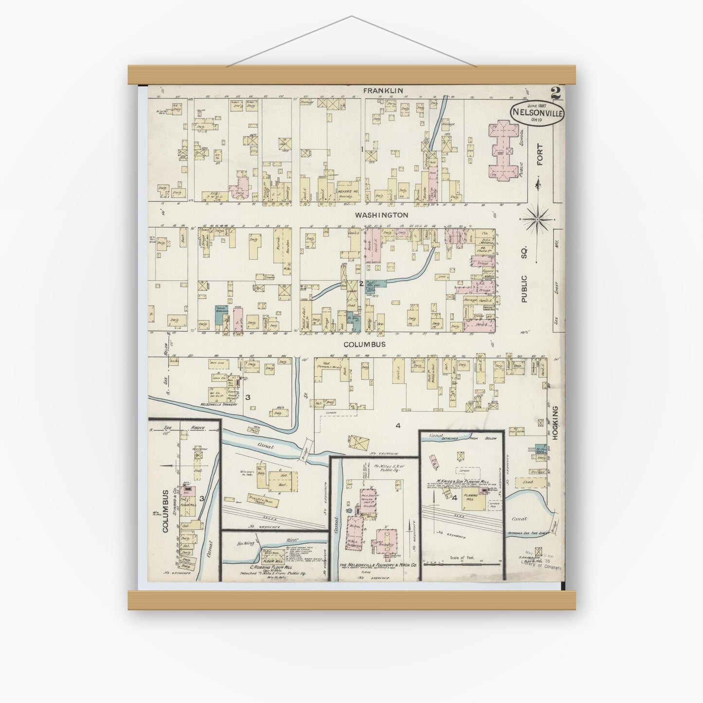 Old map wall art mockup — magnetic wood frame on white wall — Sanborn Fire Insurance Map from Nelsonville, Athens County, Ohio (1887), Sheet #0002