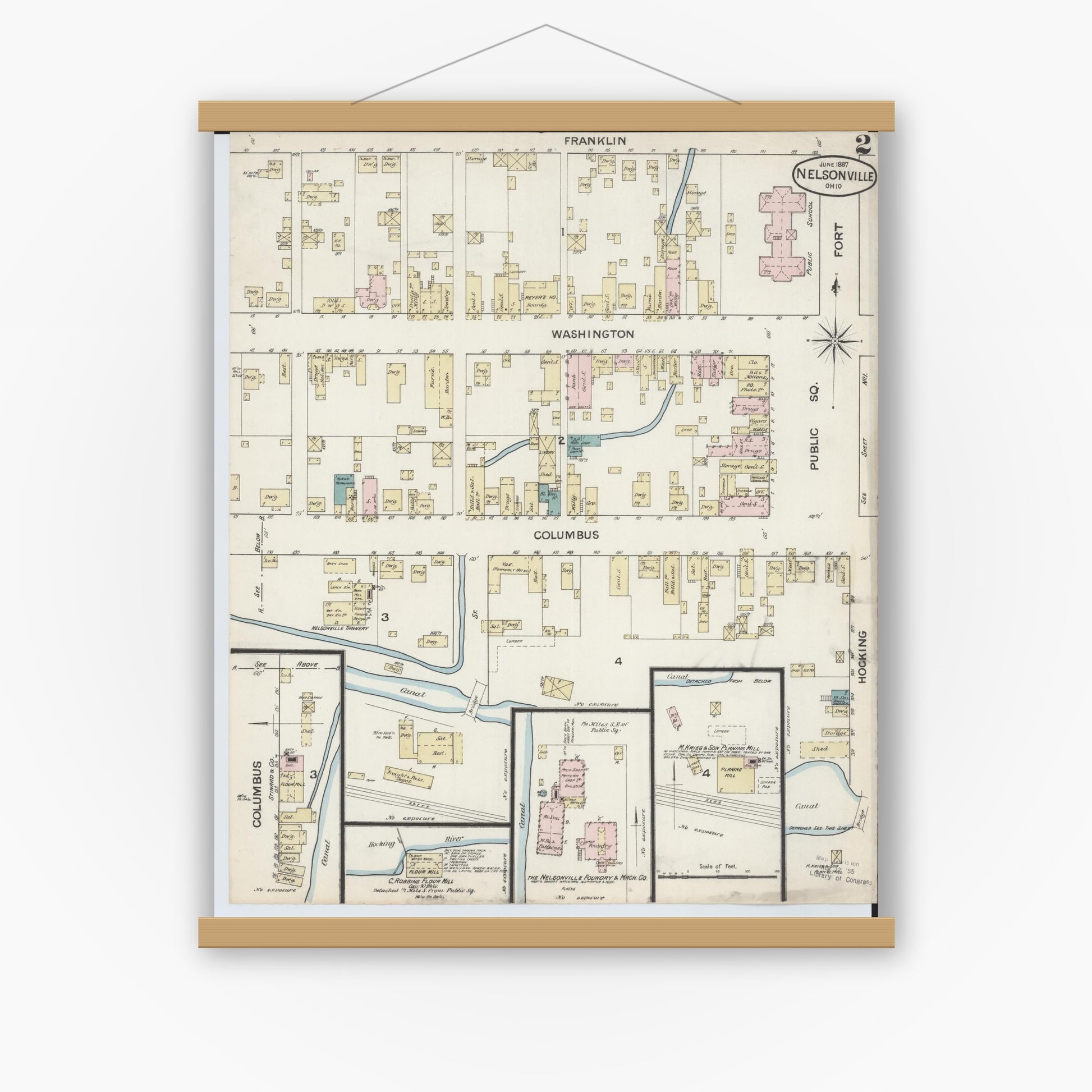 Old map wall art mockup — magnetic wood frame on white wall — Sanborn Fire Insurance Map from Nelsonville, Athens County, Ohio (1887), Sheet #0002
