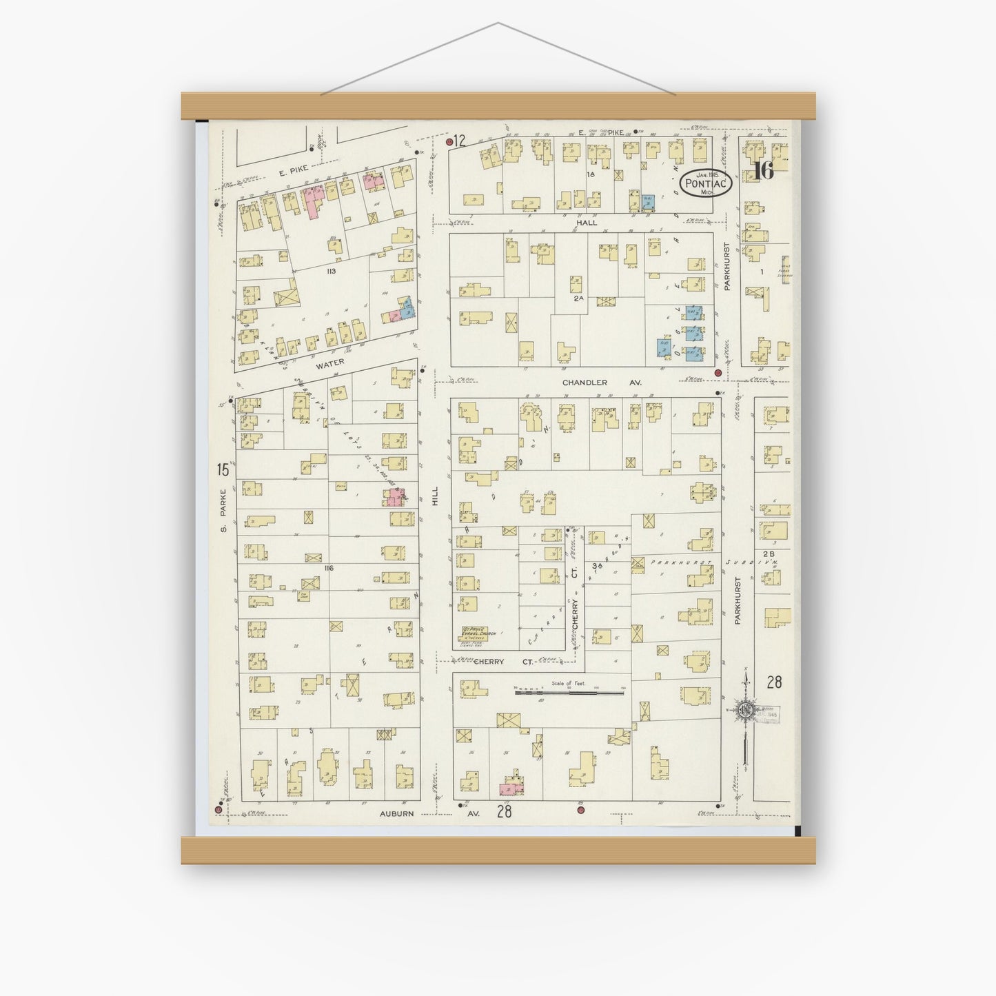 Old map wall art mockup — magnetic wood frame on white wall — Sanborn Fire Insurance Map from Pontiac, Oakland County, Michigan (1915), Sheet #0016