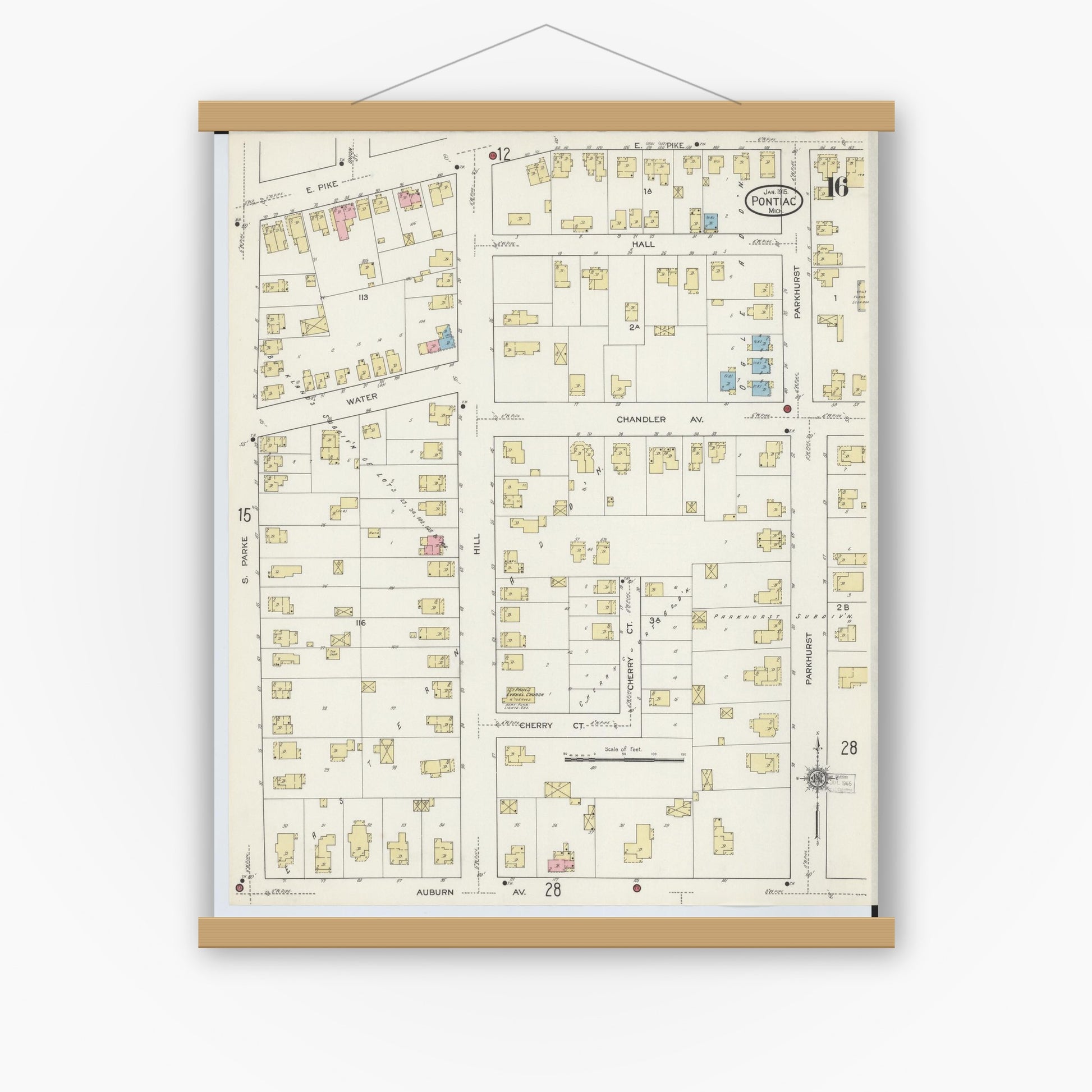 Old map wall art mockup — magnetic wood frame on white wall — Sanborn Fire Insurance Map from Pontiac, Oakland County, Michigan (1915), Sheet #0016