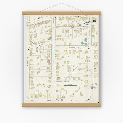 Old map wall art mockup — magnetic wood frame on white wall — Sanborn Fire Insurance Map from Pontiac, Oakland County, Michigan (1915), Sheet #0016