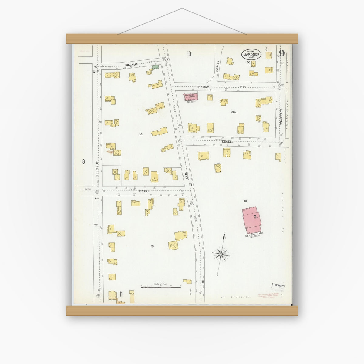 Old map wall art mockup — magnetic wood frame on white wall — Sanborn Fire Insurance Map from Gardner, Worcester County, Massachusetts (1900), Sheet #0009