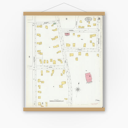 Old map wall art mockup — magnetic wood frame on white wall — Sanborn Fire Insurance Map from Gardner, Worcester County, Massachusetts (1900), Sheet #0009