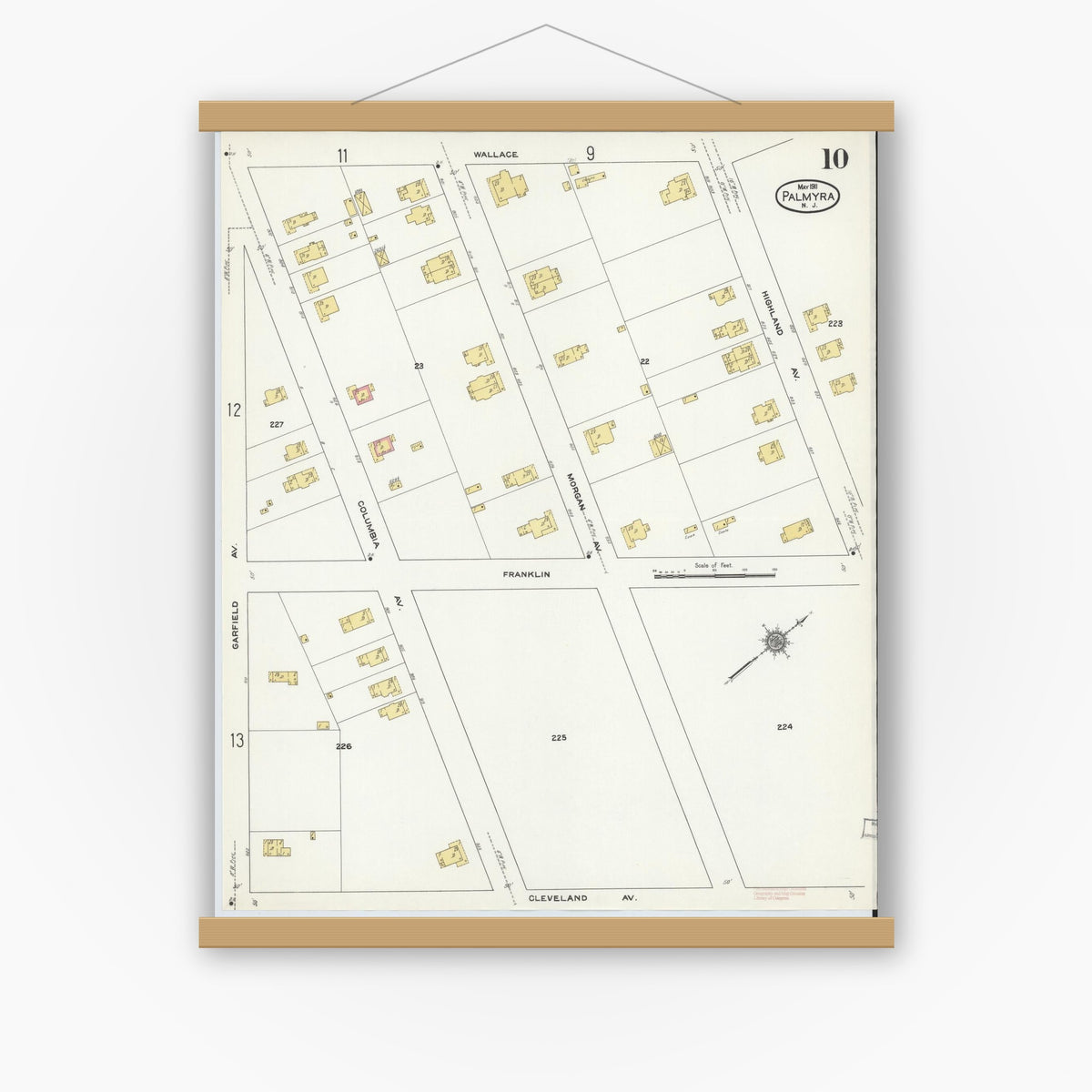 Old map wall art mockup — magnetic wood frame on white wall — Sanborn Fire Insurance Map from Palmyra, Burlington County, New Jersey (1911), Sheet #0010