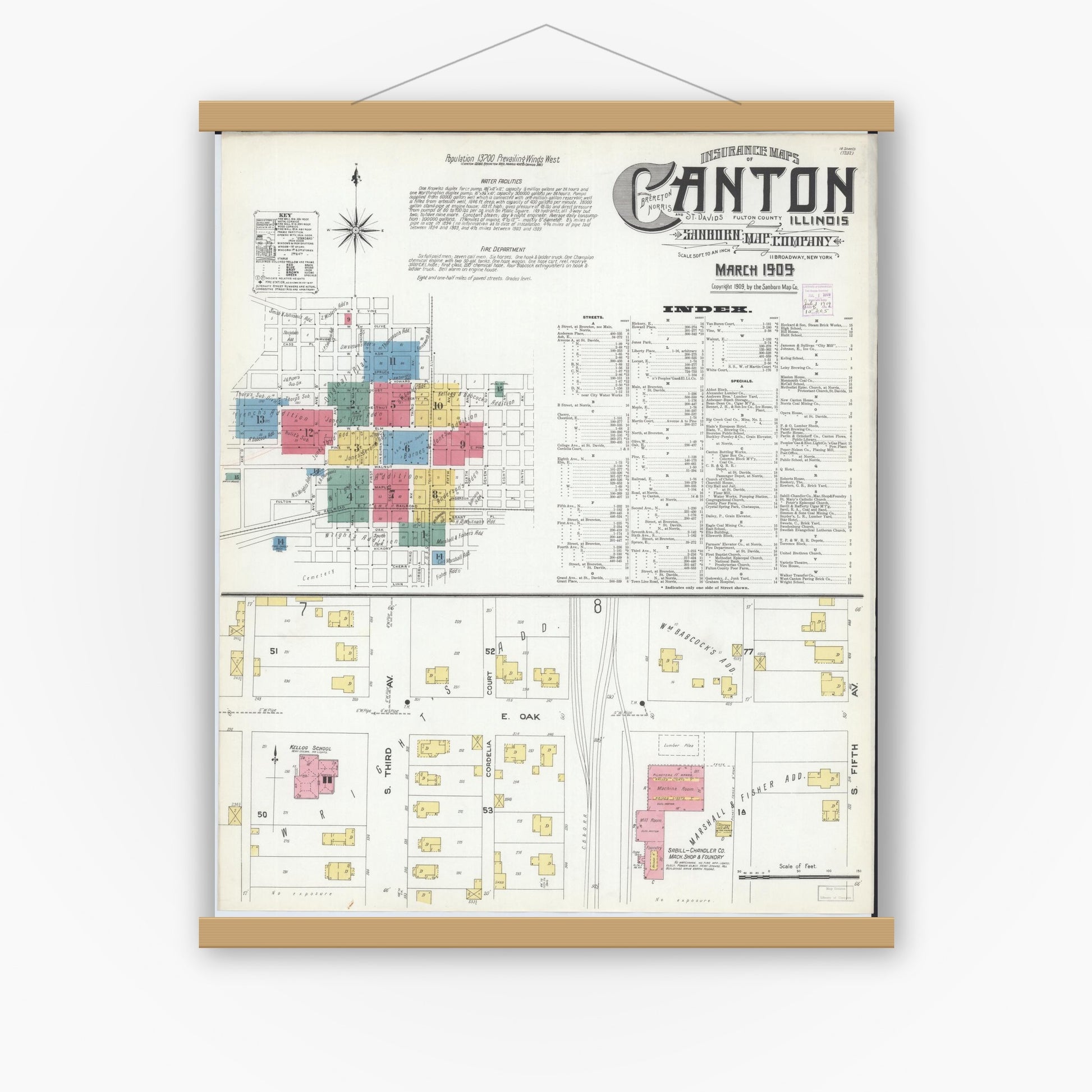 Old map wall art mockup — magnetic wood frame on white wall — Sanborn Fire Insurance Map from Canton, Fulton County, Illinois (1909) - Complete Map Set