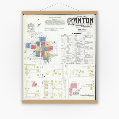 Old map wall art mockup — magnetic wood frame on white wall — Sanborn Fire Insurance Map from Canton, Fulton County, Illinois (1909) - Complete Map Set