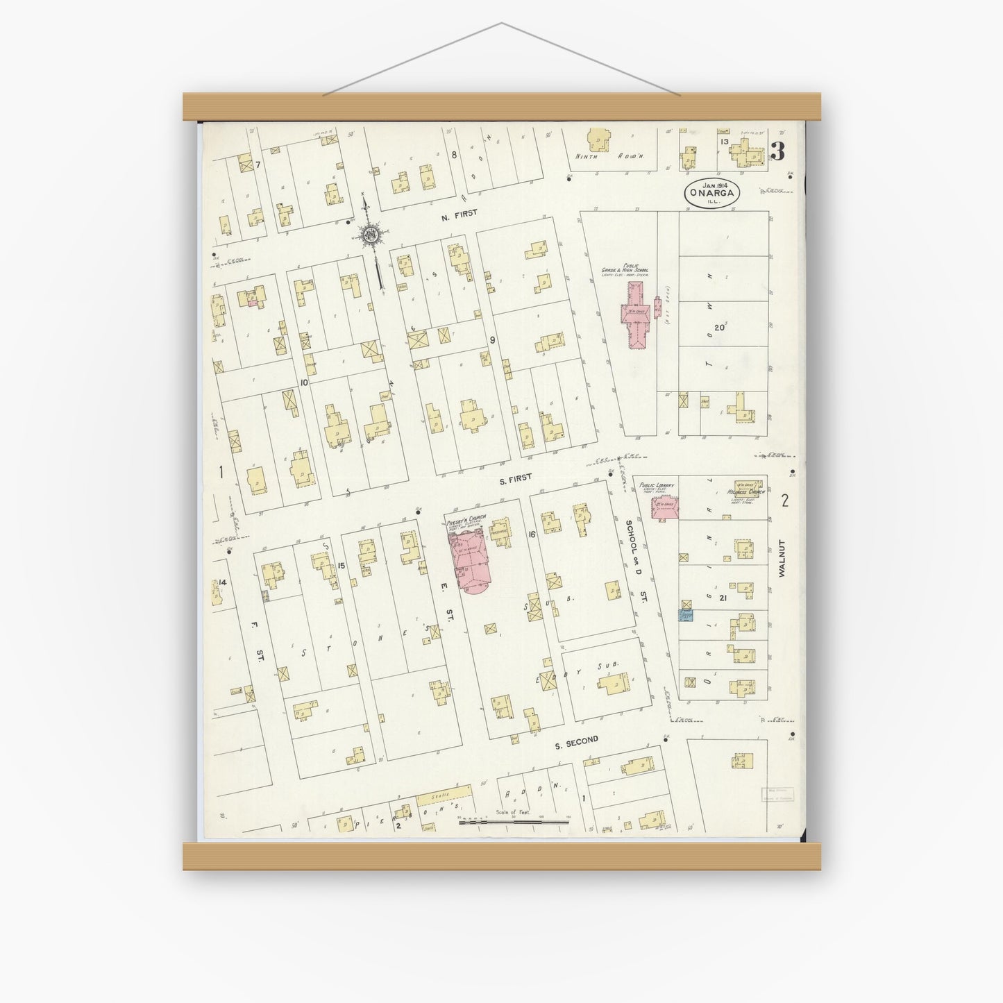 Old map wall art mockup — magnetic wood frame on white wall — Sanborn Fire Insurance Map from Onarga, Iroquois County, Illinois (1914), Sheet #0003