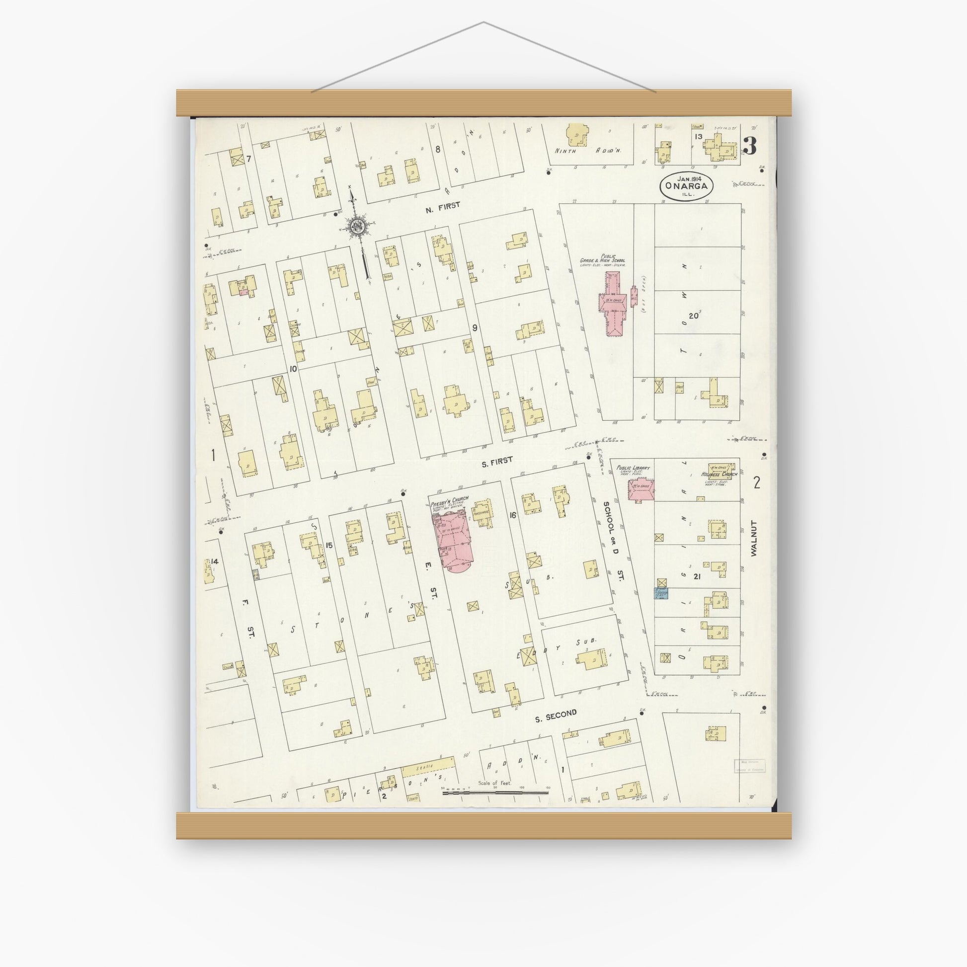 Old map wall art mockup — magnetic wood frame on white wall — Sanborn Fire Insurance Map from Onarga, Iroquois County, Illinois (1914), Sheet #0003