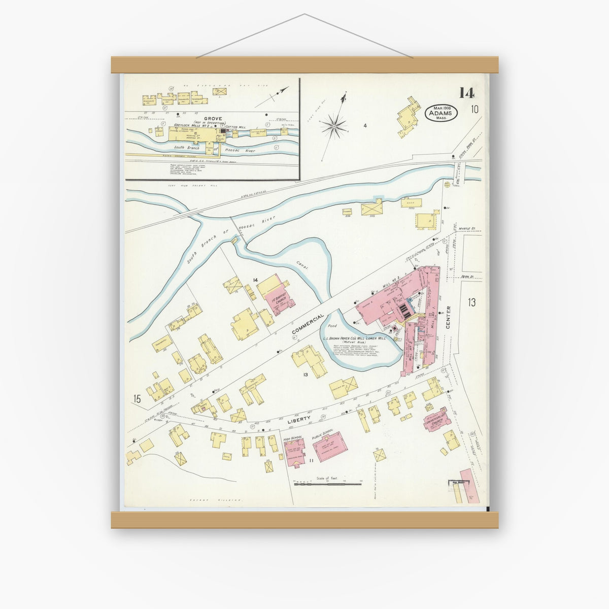 Old map wall art mockup — magnetic wood frame on white wall — Sanborn Fire Insurance Map from Adams, Berkshire County, Massachusetts (1908), Sheet #0014