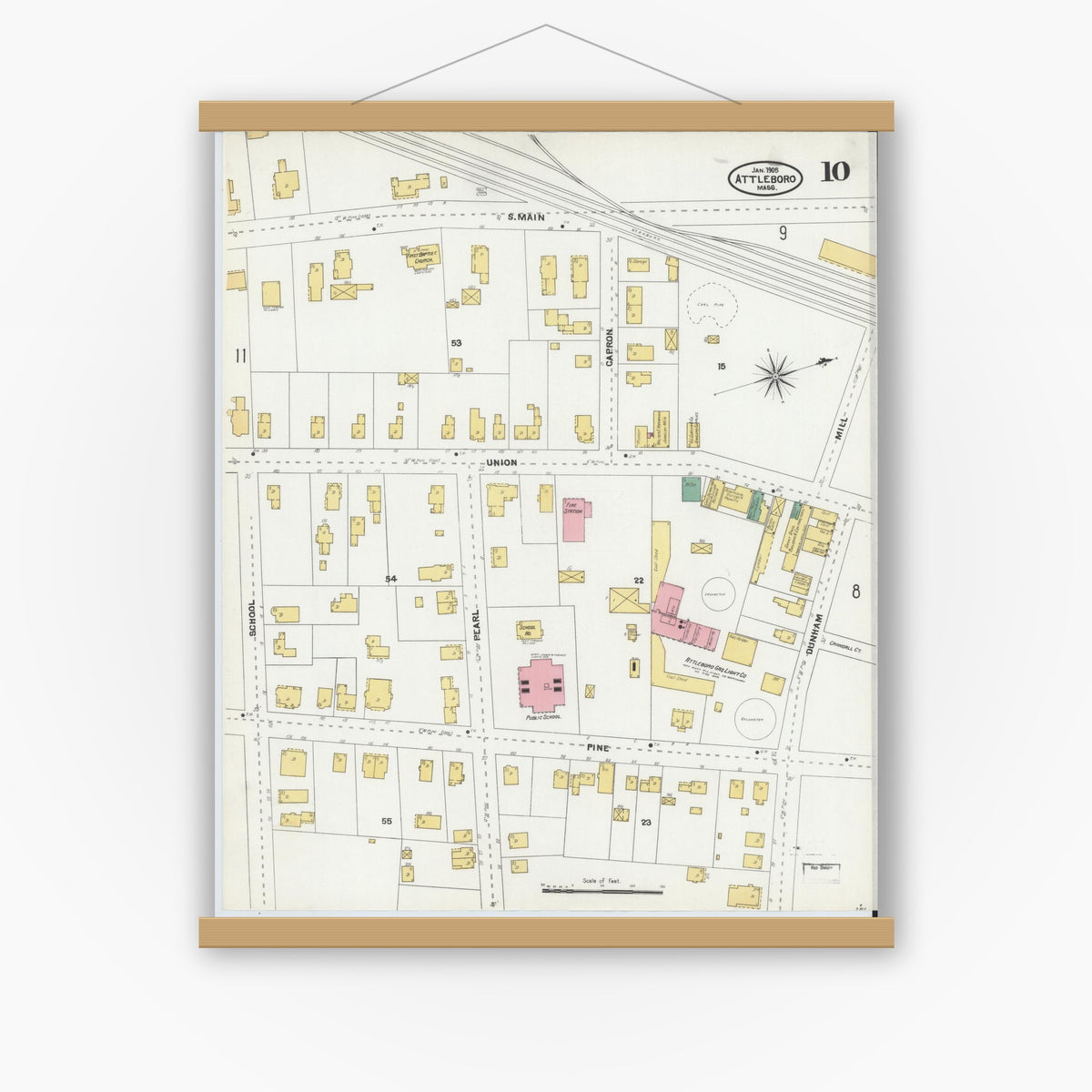 Old map wall art mockup — magnetic wood frame on white wall — Sanborn Fire Insurance Map from Attleboro, Bristol County, Massachusetts (1905), Sheet #0010