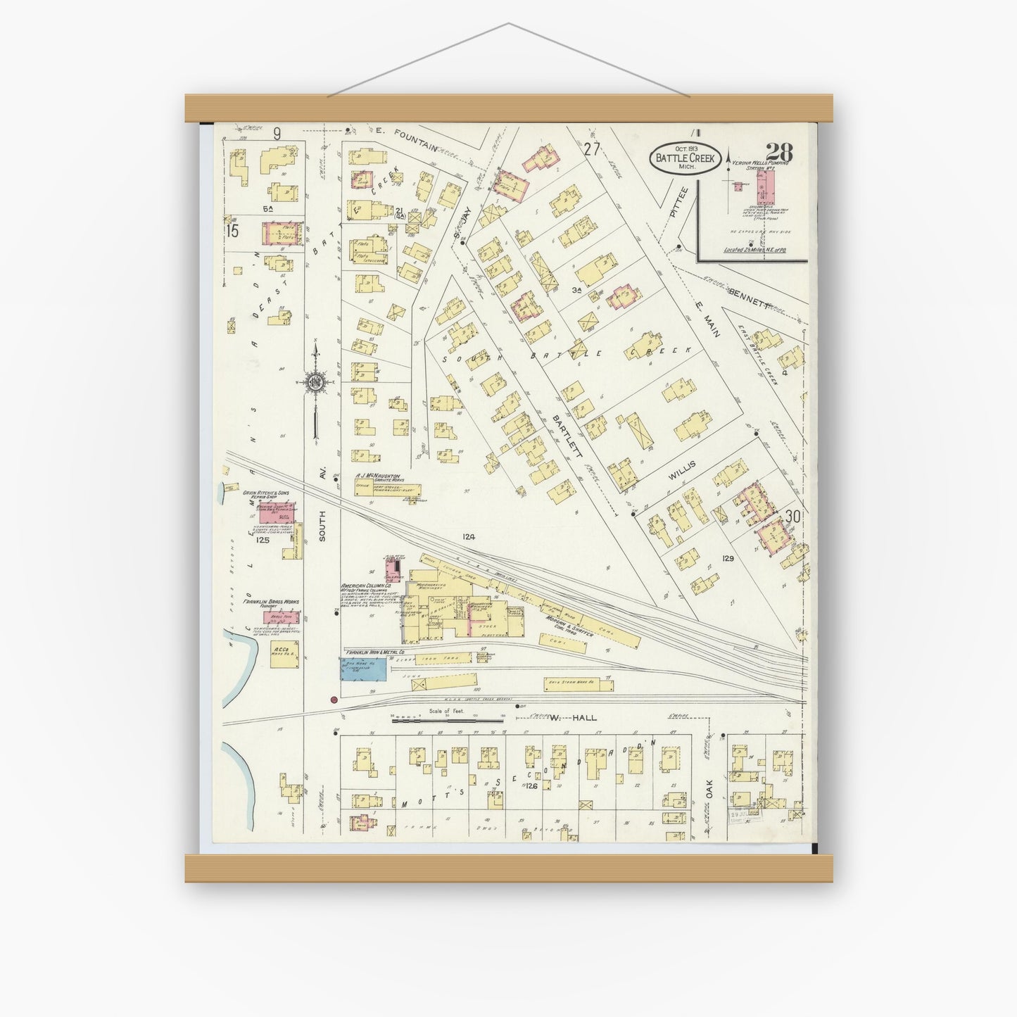 Old map wall art mockup — magnetic wood frame on white wall — Sanborn Fire Insurance Map from Battle Creek, Calhoun County, Michigan (1913), Sheet #0028