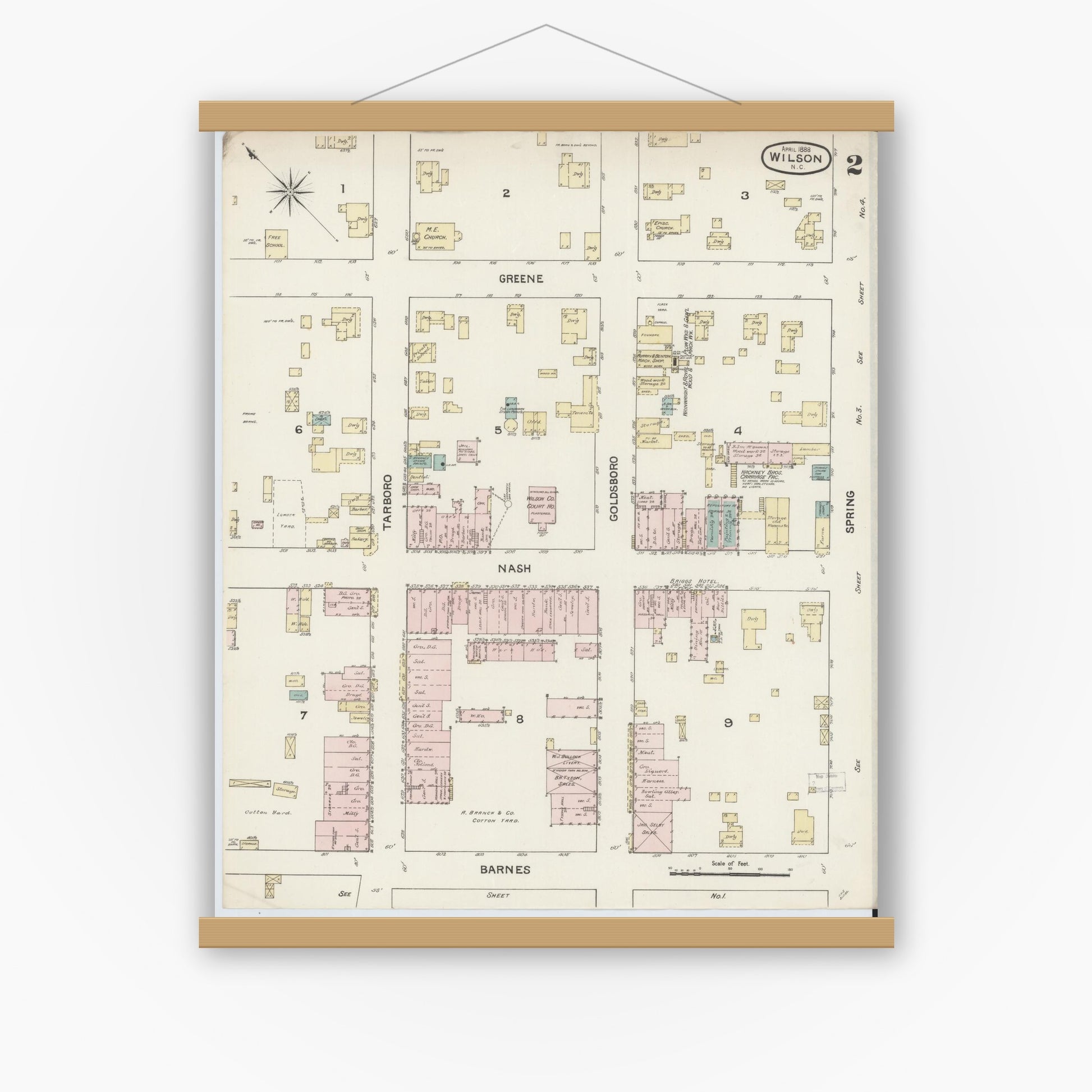 Old map wall art mockup — magnetic wood frame on white wall — Sanborn Fire Insurance Map from Wilson, Wilson County, North Carolina (1888), Sheet #0002