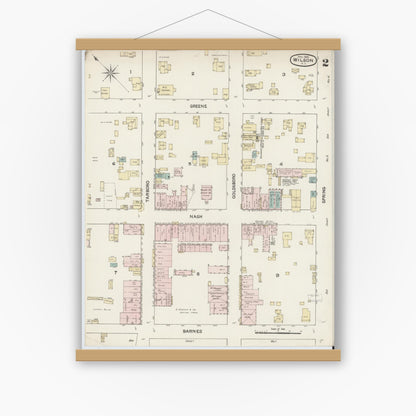 Old map wall art mockup — magnetic wood frame on white wall — Sanborn Fire Insurance Map from Wilson, Wilson County, North Carolina (1888), Sheet #0002
