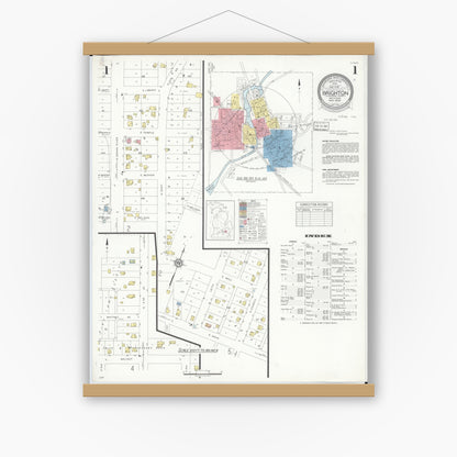 Old map wall art mockup — magnetic wood frame on white wall — Sanborn Fire Insurance Map from Brighton, Livington County, Michigan (1938), Sheet #0001