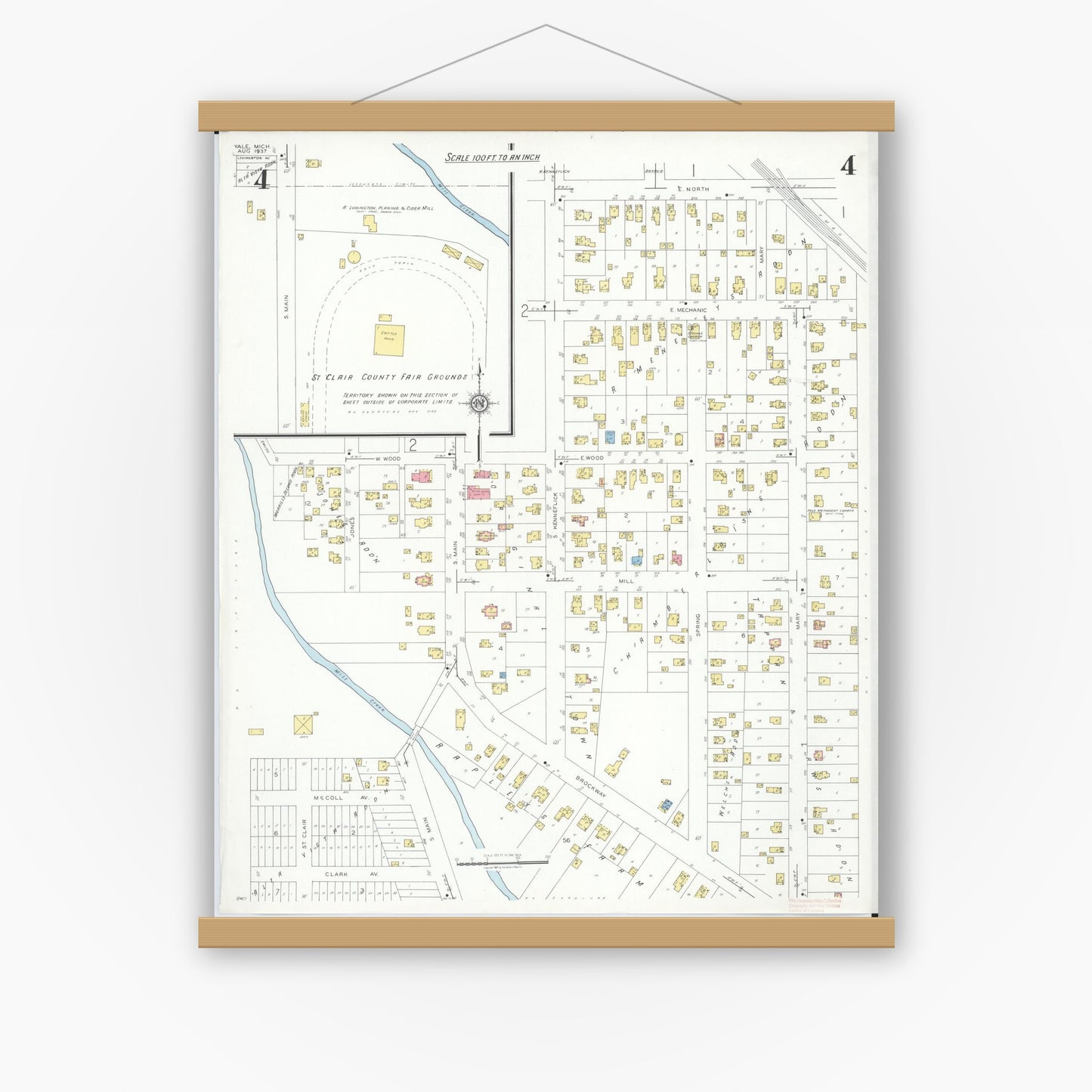 Old map wall art mockup — magnetic wood frame on white wall — Sanborn Fire Insurance Map from Yale, Saint Clair County, Michigan (1937), Sheet #0004