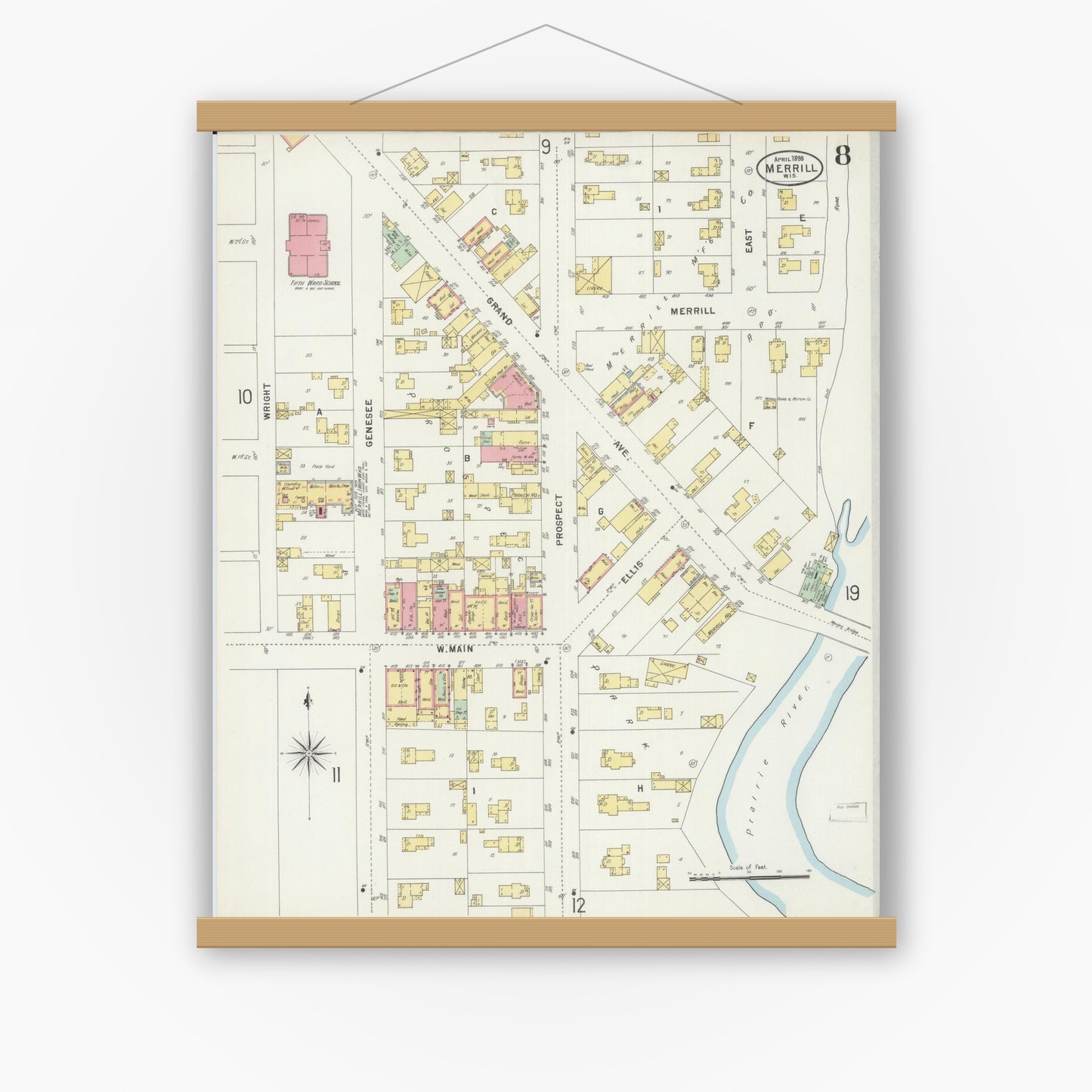Old map wall art mockup — magnetic wood frame on white wall — Sanborn Fire Insurance Map from Merrill, Lincoln County, Wisconsin (1898), Sheet #0008