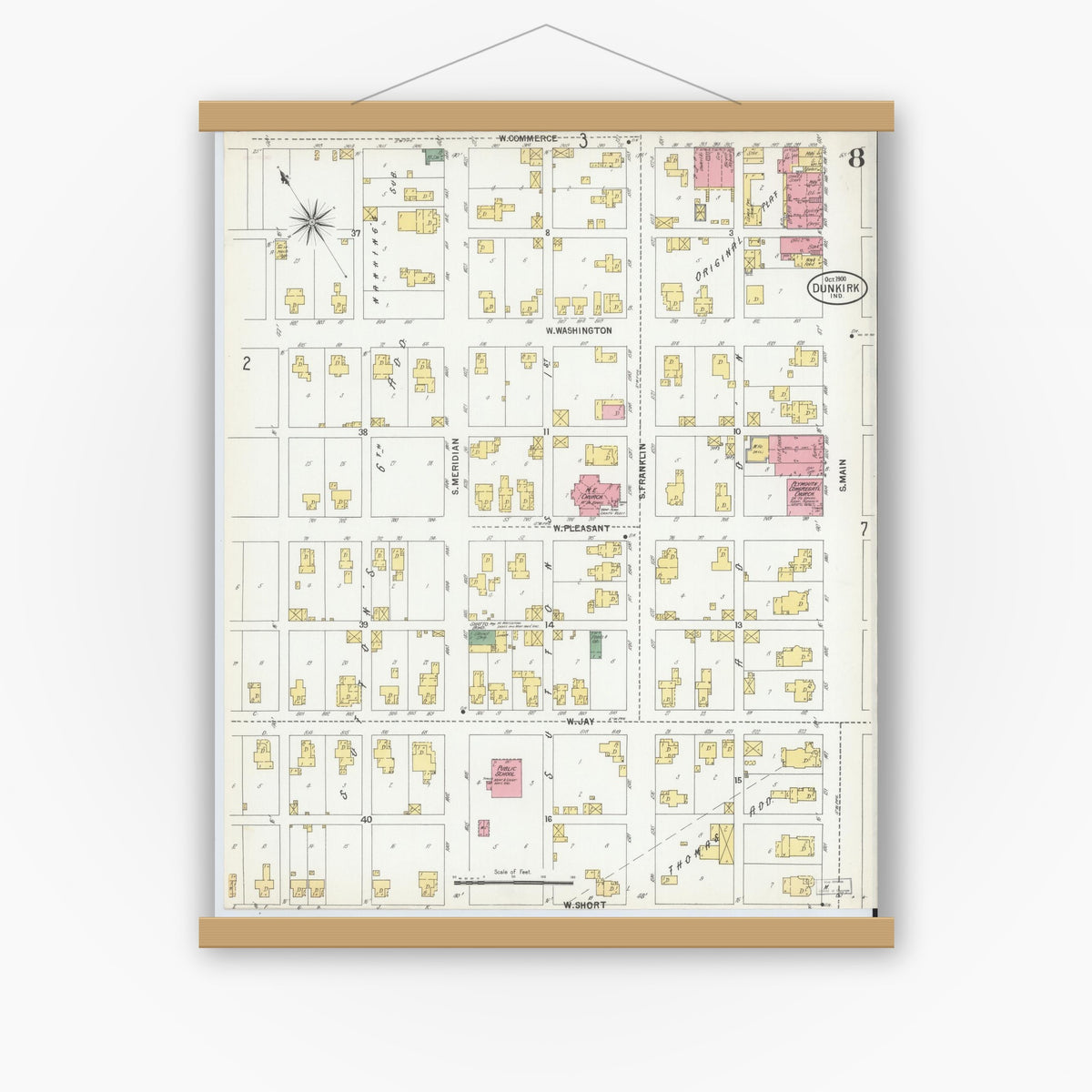 Old map wall art mockup — magnetic wood frame on white wall — Sanborn Fire Insurance Map from Dunkirk, Jay And Blackford Counties, Indiana (1900), Sheet #0008
