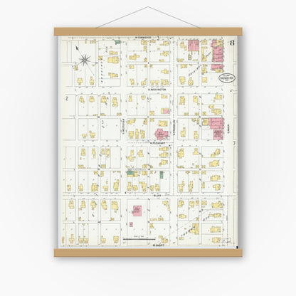 Old map wall art mockup — magnetic wood frame on white wall — Sanborn Fire Insurance Map from Dunkirk, Jay And Blackford Counties, Indiana (1900), Sheet #0008