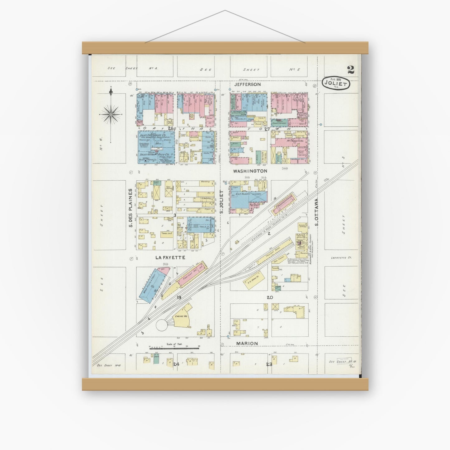 Old map wall art mockup — magnetic wood frame on white wall — Sanborn Fire Insurance Map from Joliet, Will County, Illinois (1891), Sheet #0002