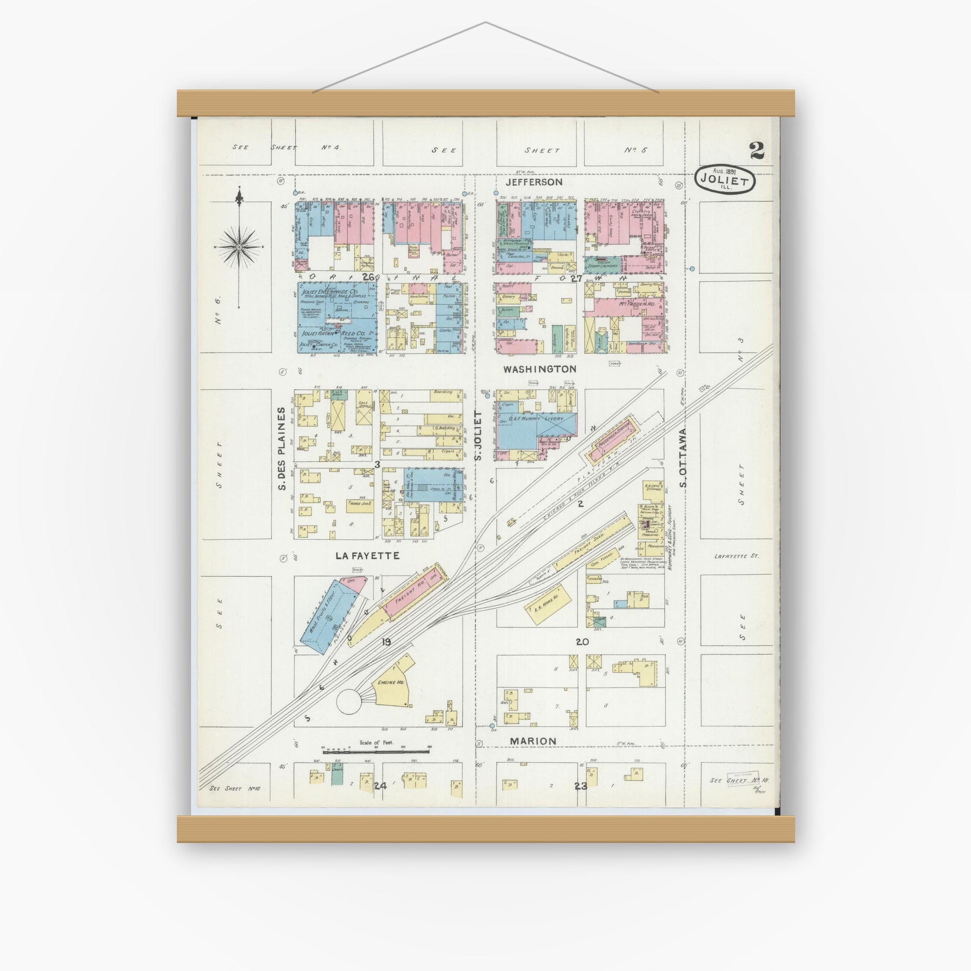 Old map wall art mockup — magnetic wood frame on white wall — Sanborn Fire Insurance Map from Joliet, Will County, Illinois (1891), Sheet #0002