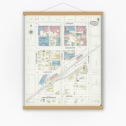 Old map wall art mockup — magnetic wood frame on white wall — Sanborn Fire Insurance Map from Joliet, Will County, Illinois (1891), Sheet #0002