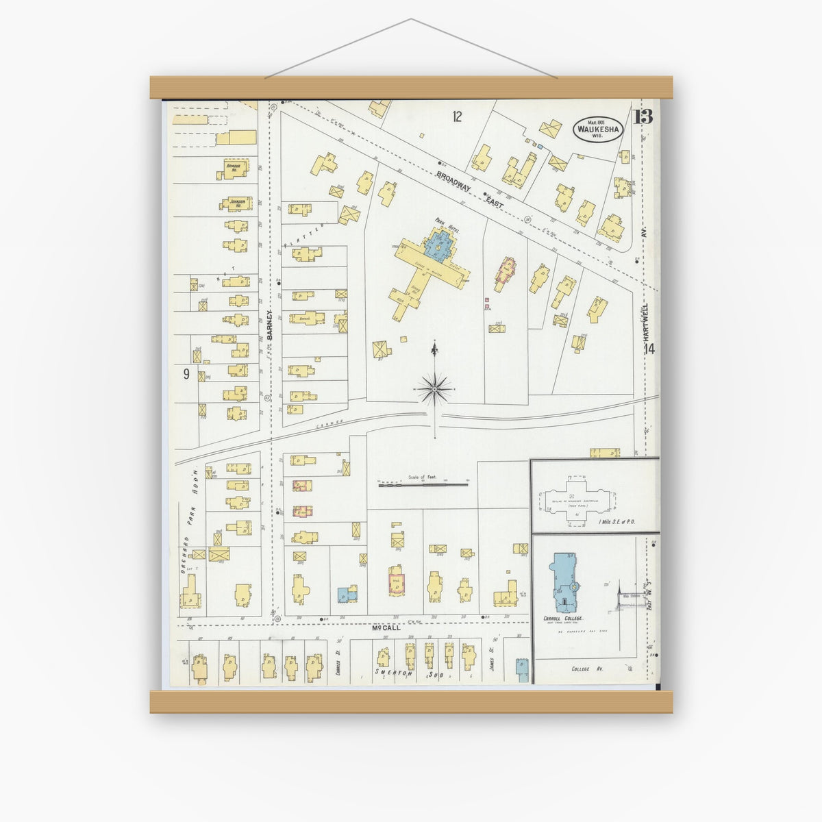 Old map wall art mockup — magnetic wood frame on white wall — Sanborn Fire Insurance Map from Waukesha, Waukesha County, Wisconsin (1901), Sheet #0013