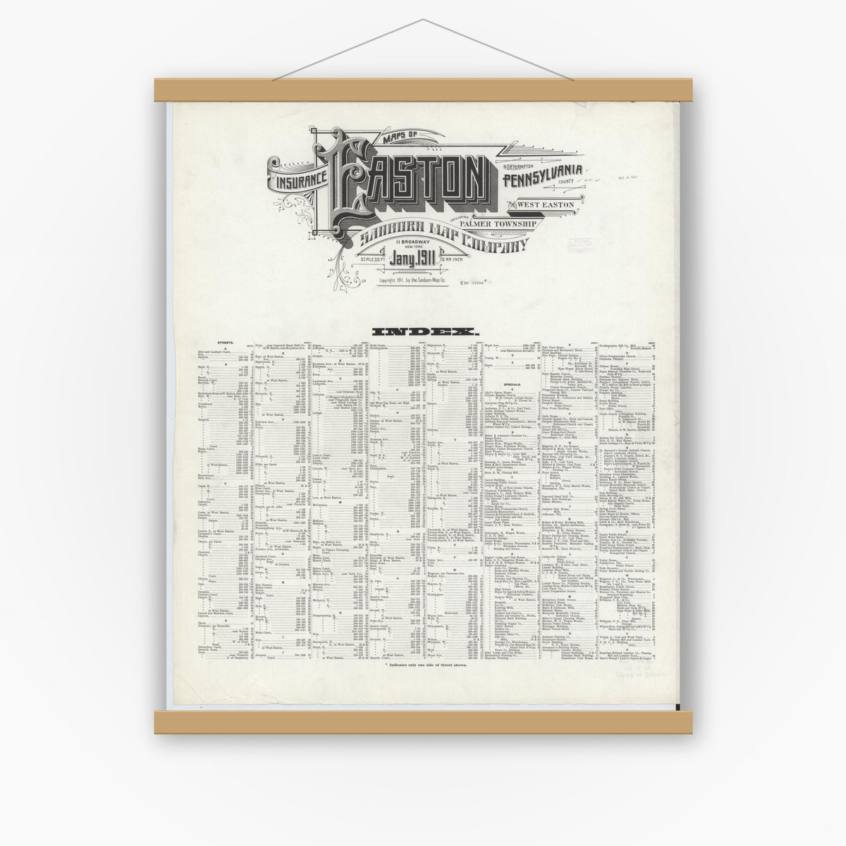 Old map wall art mockup — magnetic wood frame on white wall — Sanborn Fire Insurance Map from Easton, Northampton County, Pennsylvania (1911), Sheet #0001