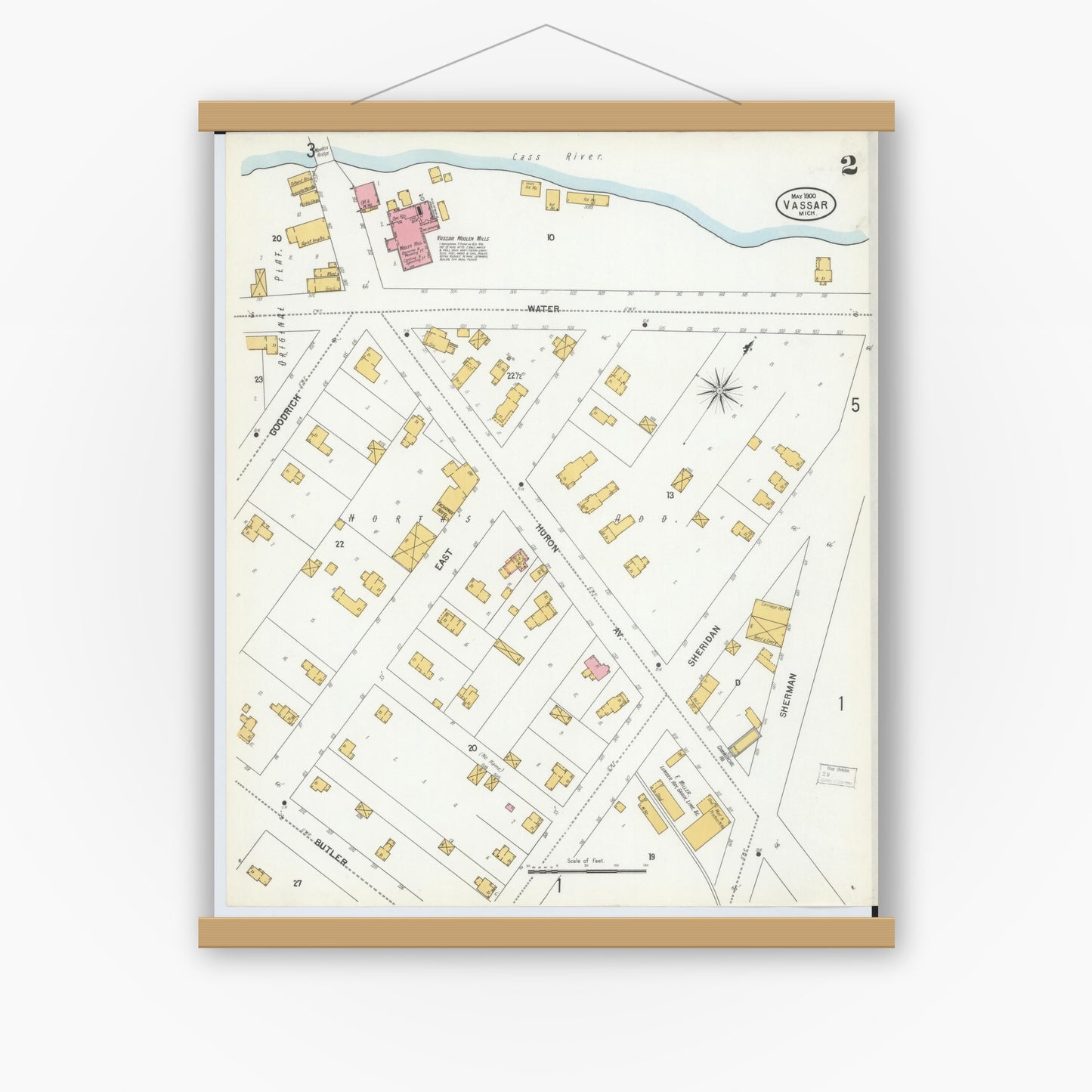 Old map wall art mockup — magnetic wood frame on white wall — Sanborn Fire Insurance Map from Vassar, Tuscola County, Michigan (1900), Sheet #0002