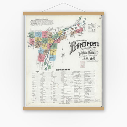 Old map wall art mockup — magnetic wood frame on white wall — Sanborn Fire Insurance Map from Bradford, McKean County, Pennsylvania (1899), Sheet #0001