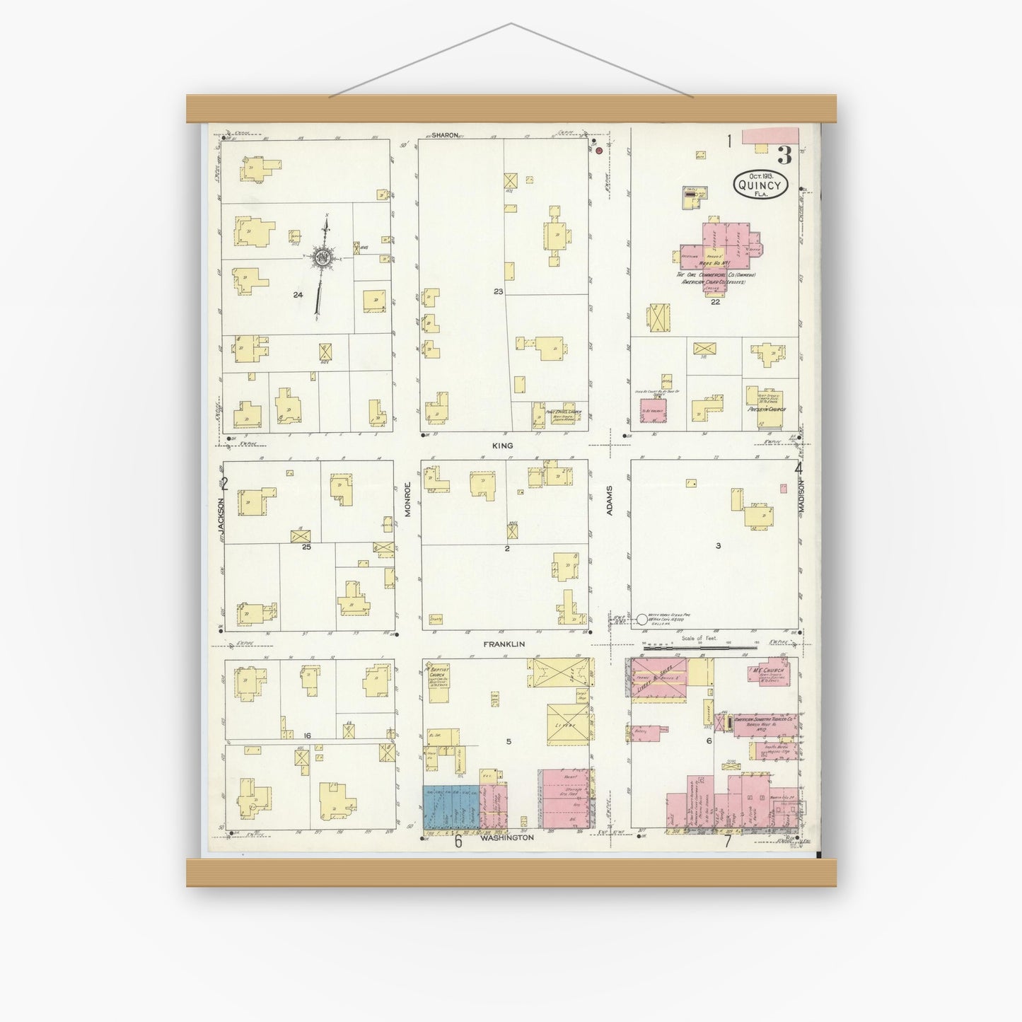 Old map wall art mockup — magnetic wood frame on white wall — Sanborn Fire Insurance Map from Quincy, Gadsden County, Florida (1913), Sheet #0003