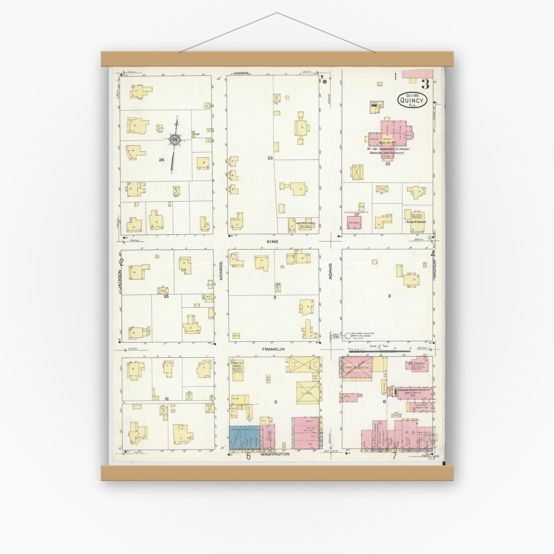 Old map wall art mockup — magnetic wood frame on white wall — Sanborn Fire Insurance Map from Quincy, Gadsden County, Florida (1913), Sheet #0003