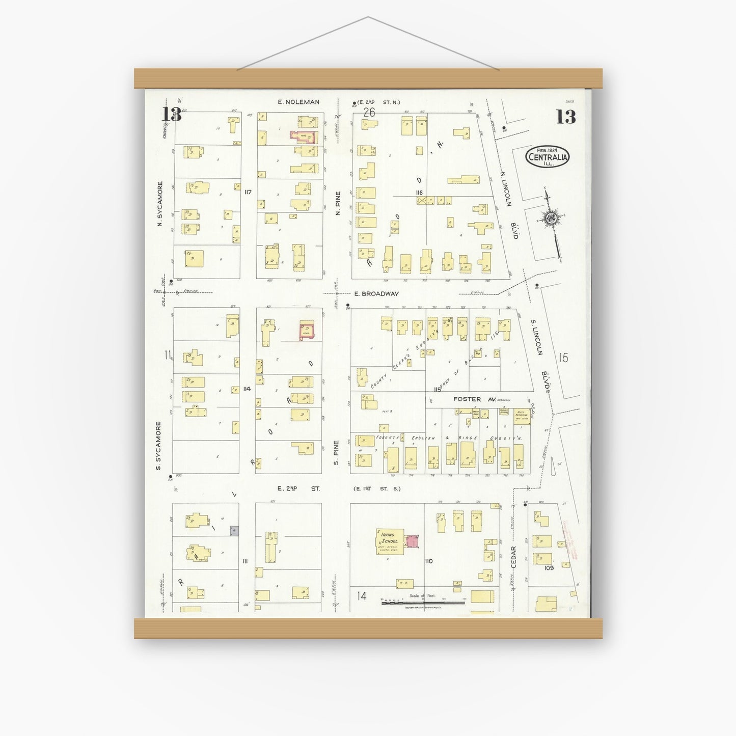 Old map wall art mockup — magnetic wood frame on white wall — Sanborn Fire Insurance Map from Centralia, Marion, Clinton, Jefferson, and Washington Counties, Illinois (1924), Sheet #0013