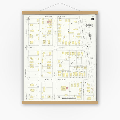 Old map wall art mockup — magnetic wood frame on white wall — Sanborn Fire Insurance Map from Centralia, Marion, Clinton, Jefferson, and Washington Counties, Illinois (1924), Sheet #0013