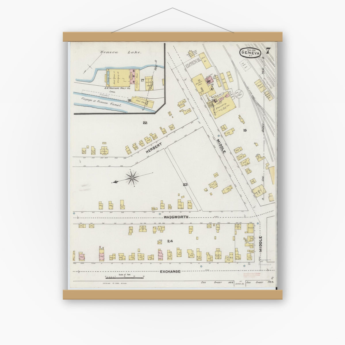 Old map wall art mockup — magnetic wood frame on white wall — Sanborn Fire Insurance Map from Geneva, Ontario County, New York (1890), Sheet #0007