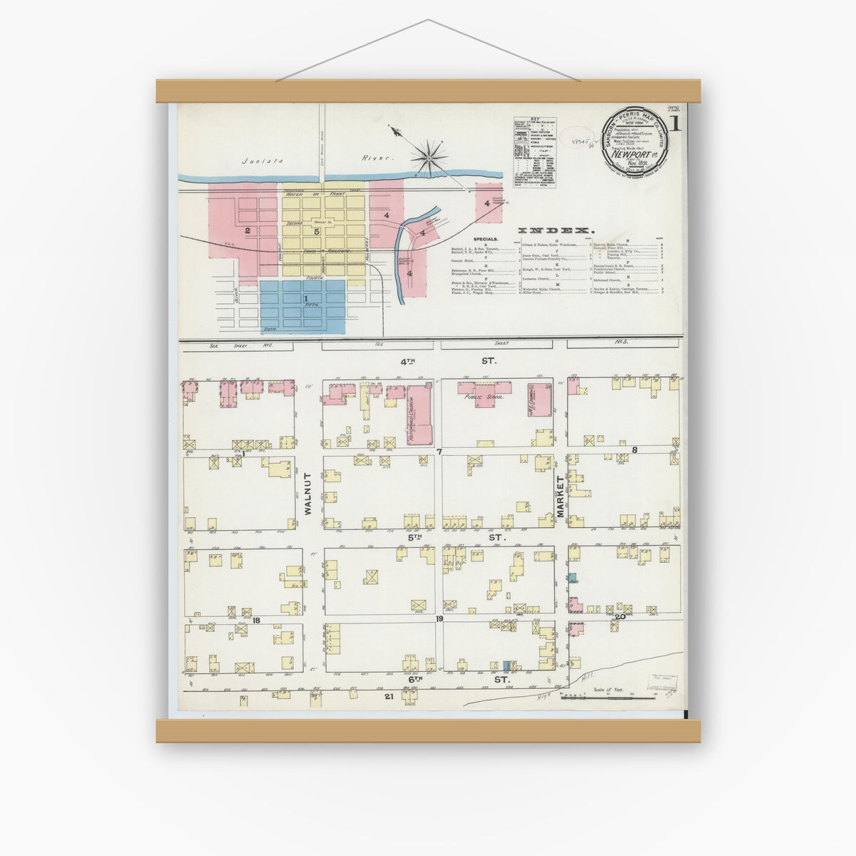 Old map wall art mockup — magnetic wood frame on white wall — Sanborn Fire Insurance Map from Newport, Perry County, Pennsylvania (1891), Sheet #0001