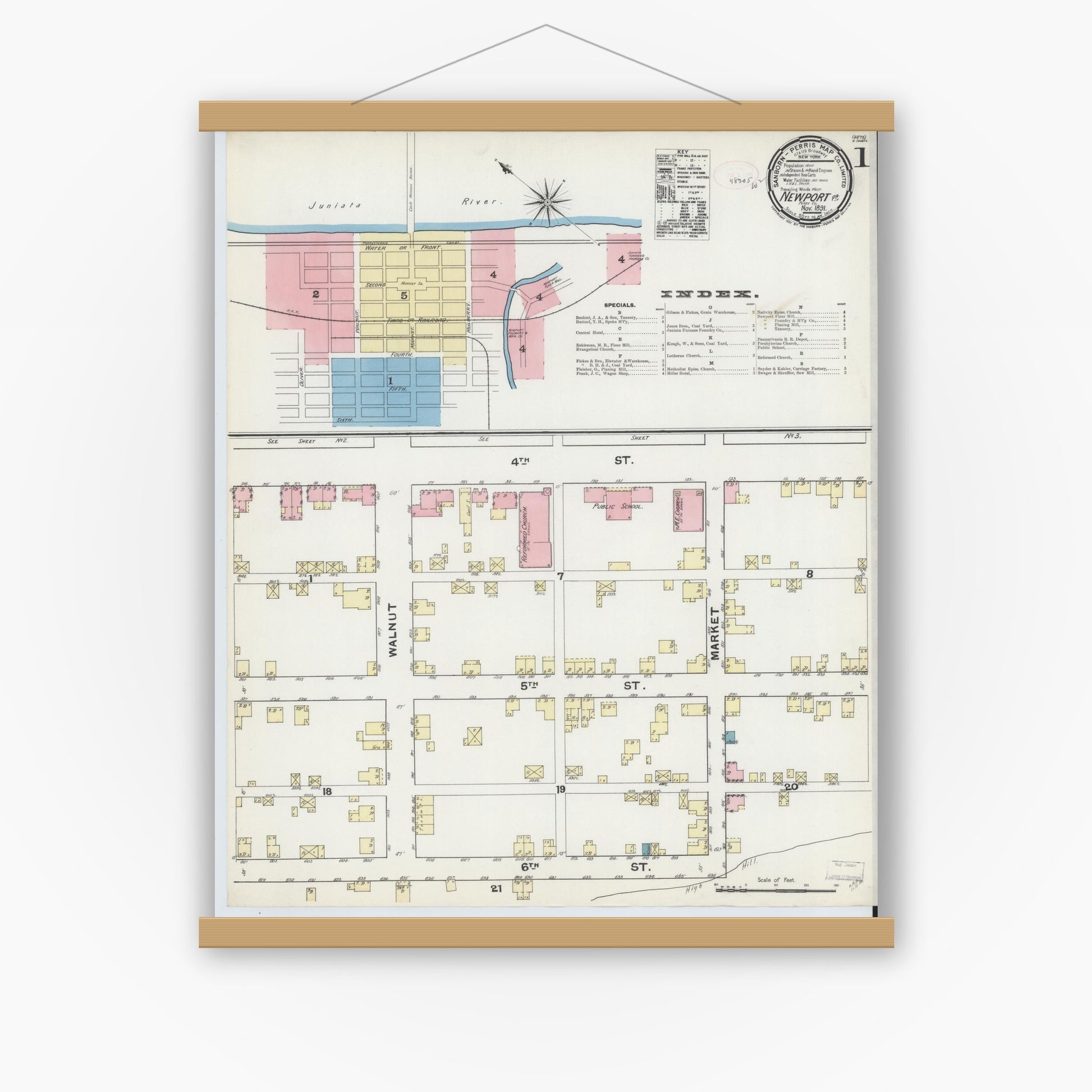 Old map wall art mockup — magnetic wood frame on white wall — Sanborn Fire Insurance Map from Newport, Perry County, Pennsylvania (1891), Sheet #0001