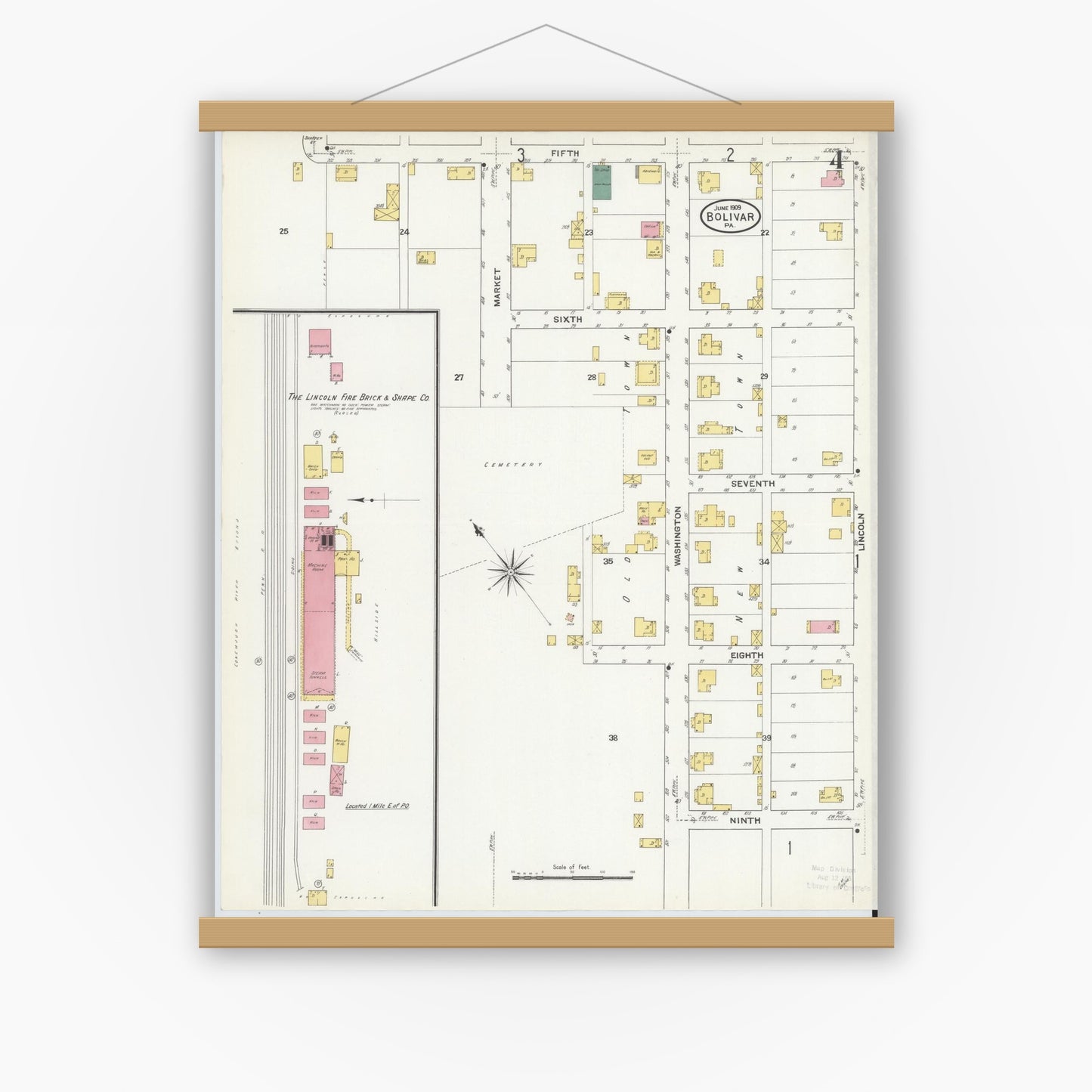Old map wall art mockup — magnetic wood frame on white wall — Sanborn Fire Insurance Map from Bolivar, Westmoreland County, Pennsylvania (1909), Sheet #0004