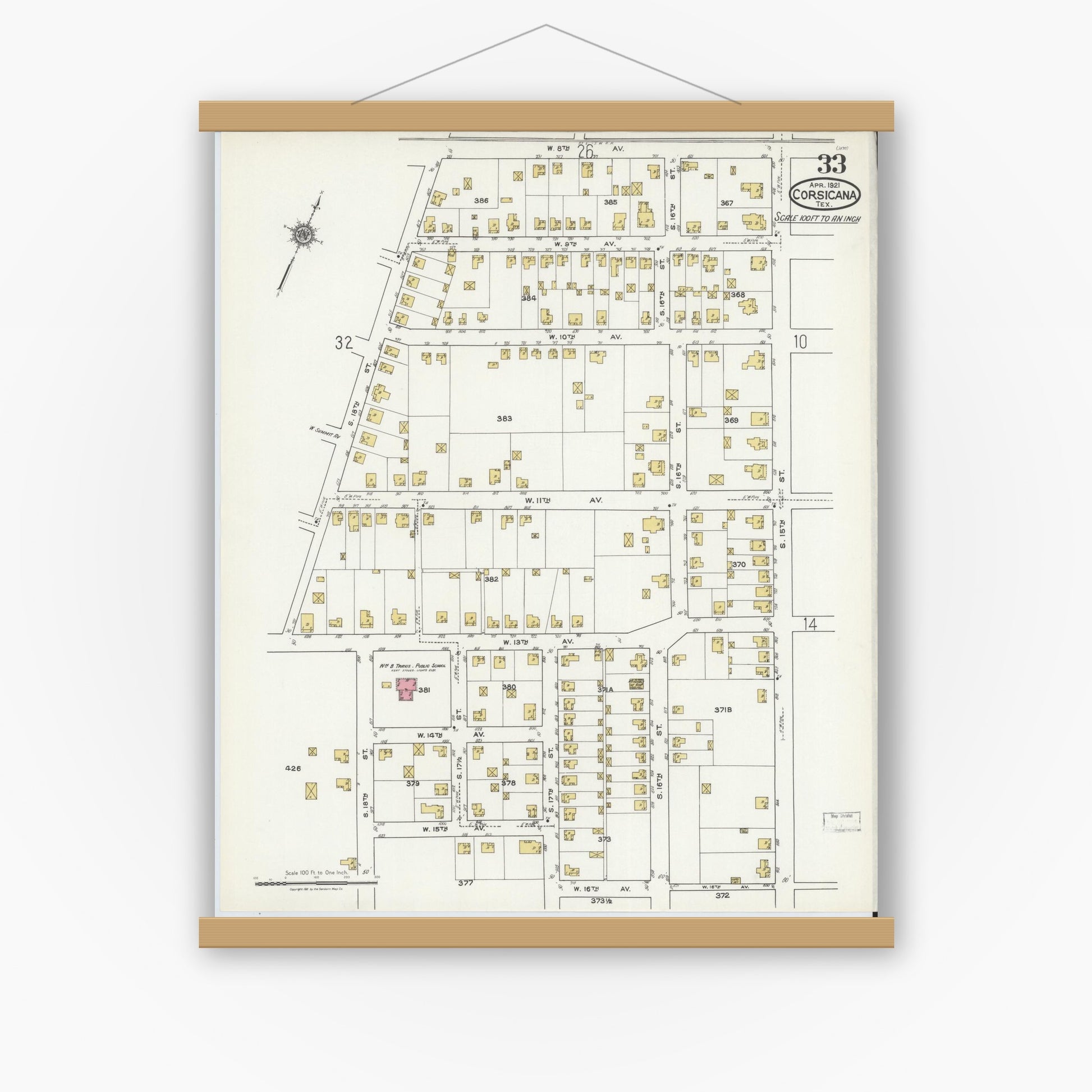 Old map wall art mockup — magnetic wood frame on white wall — Sanborn Fire Insurance Map from Corsicana, Navarro County, Texas (1921), Sheet #0033