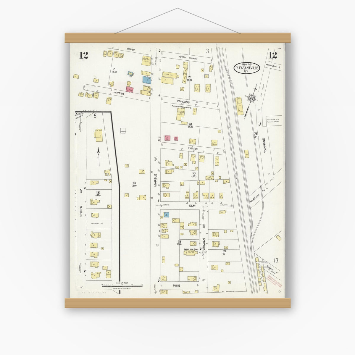Old map wall art mockup — magnetic wood frame on white wall — Sanborn Fire Insurance Map from Pleasantville, Westchester County, New York (1924), Sheet #0012
