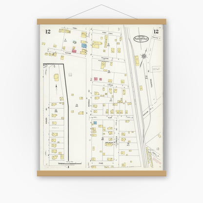 Old map wall art mockup — magnetic wood frame on white wall — Sanborn Fire Insurance Map from Pleasantville, Westchester County, New York (1924), Sheet #0012