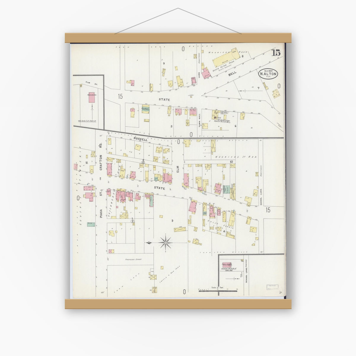 Old map wall art mockup — magnetic wood frame on white wall — Sanborn Fire Insurance Map from Alton, Madison County, Illinois (1897), Sheet #0015