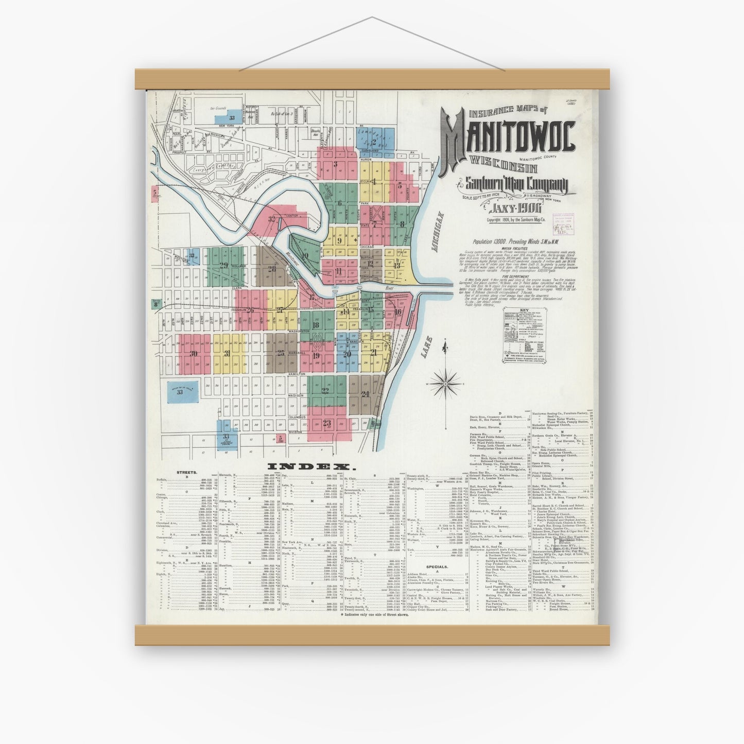 Old map wall art mockup — magnetic wood frame on white wall — Sanborn Fire Insurance Map from Manitowoc, Manitowoc County, Wisconsin (1906) - Complete Map Set