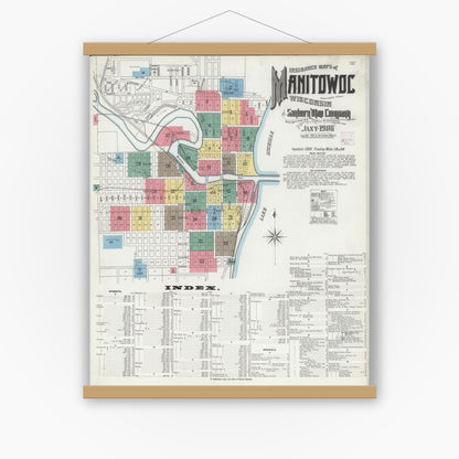 Old map wall art mockup — magnetic wood frame on white wall — Sanborn Fire Insurance Map from Manitowoc, Manitowoc County, Wisconsin (1906) - Complete Map Set