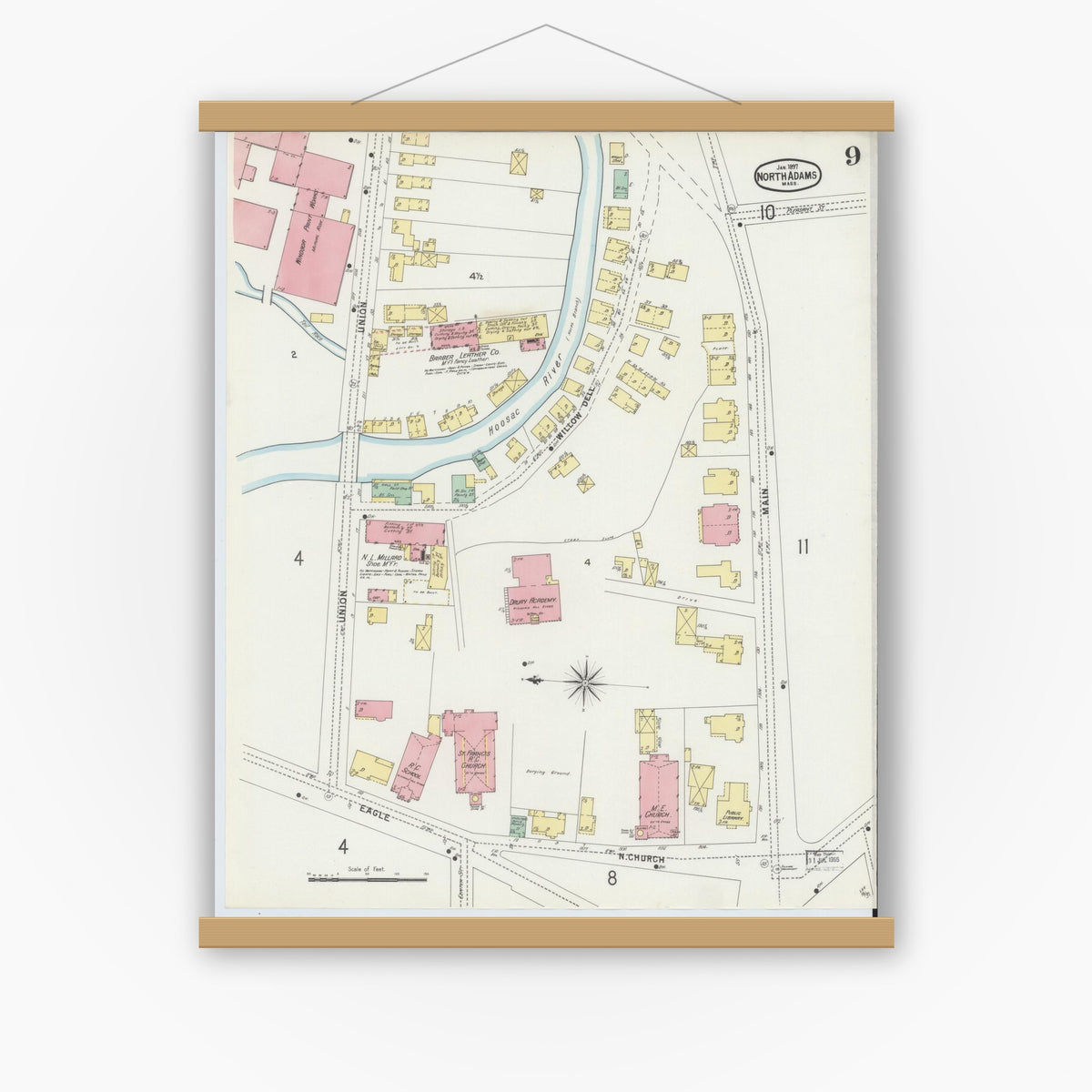 Old map wall art mockup — magnetic wood frame on white wall — Sanborn Fire Insurance Map from North Adams, Berkshire County, Massachusetts (1897), Sheet #0009