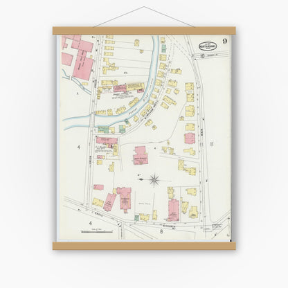 Old map wall art mockup — magnetic wood frame on white wall — Sanborn Fire Insurance Map from North Adams, Berkshire County, Massachusetts (1897), Sheet #0009