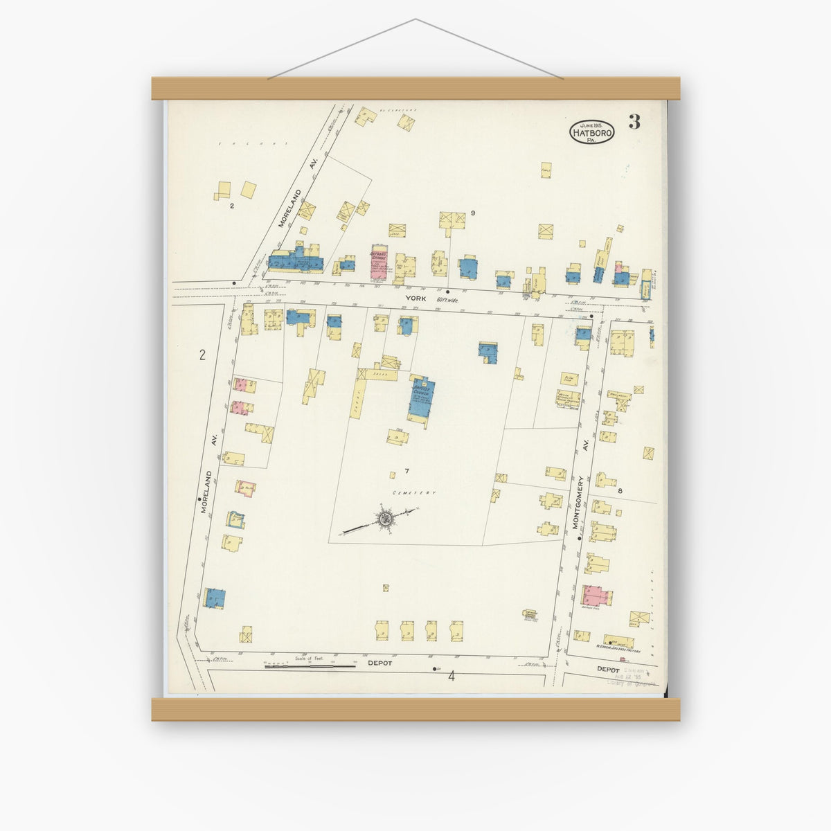 Old map wall art mockup — magnetic wood frame on white wall — Sanborn Fire Insurance Map from Hatboro, Montgomery County, Pennsylvania (1915), Sheet #0003