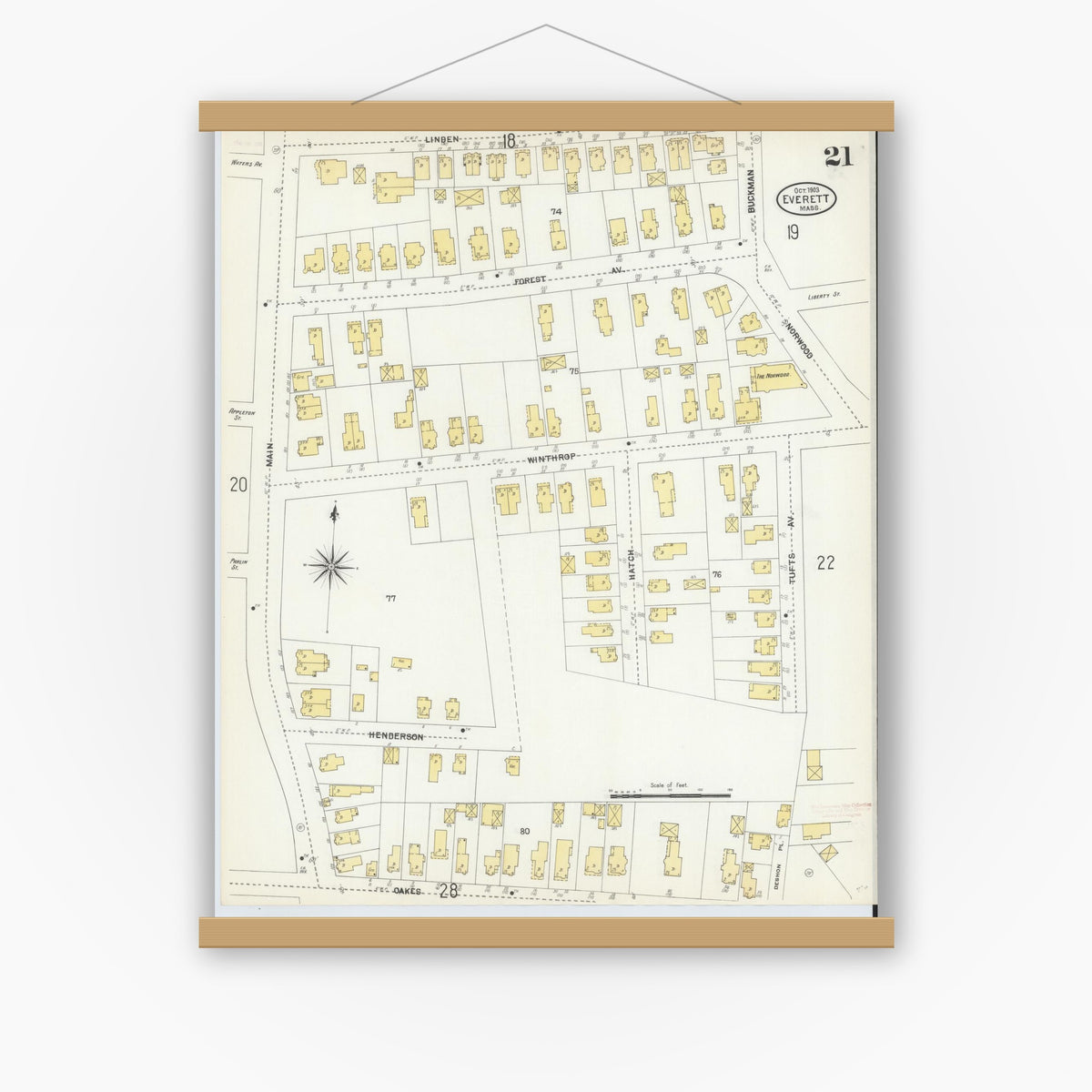 Old map wall art mockup — magnetic wood frame on white wall — Sanborn Fire Insurance Map from Everett, Middlesex County, Massachusetts (1903), Sheet #0021