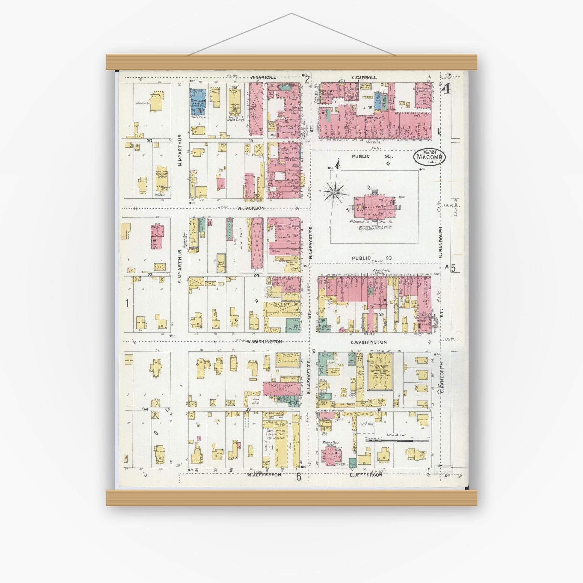 Old map wall art mockup — magnetic wood frame on white wall — Sanborn Fire Insurance Map from Macomb, Mcdonough County, Illinois (1906), Sheet #0004