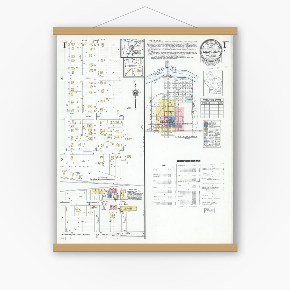 Old map wall art mockup — magnetic wood frame on white wall — Sanborn Fire Insurance Map from Muscoda, Grant County, Wisconsin (1949), Sheet #0001